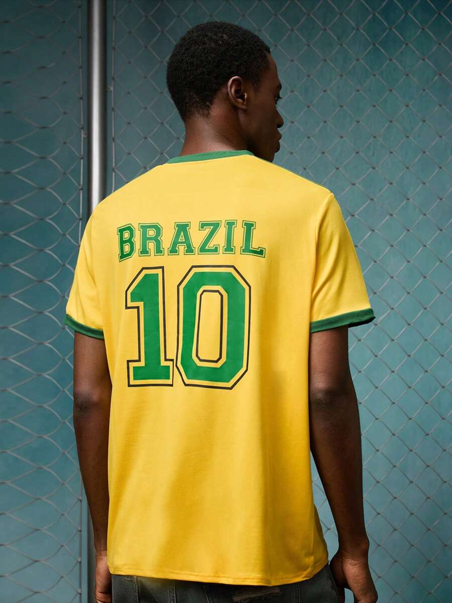 EVRINFINITE Men's Brazil 10 Numeral & Letter Print Striped T-Shirt - Yellow - View 1