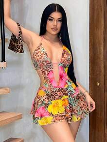 SHEIN SXY 女士度假豹纹印花深V领性感迷你连衣裙 - 彩色 - 查看 4