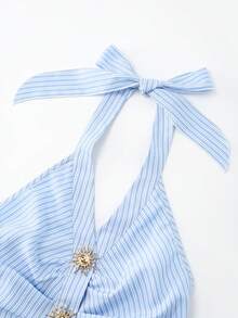 SHEIN PariChic 夏季女士无袖条纹褶皱优雅短裙 - 藍白色 - 查看 5