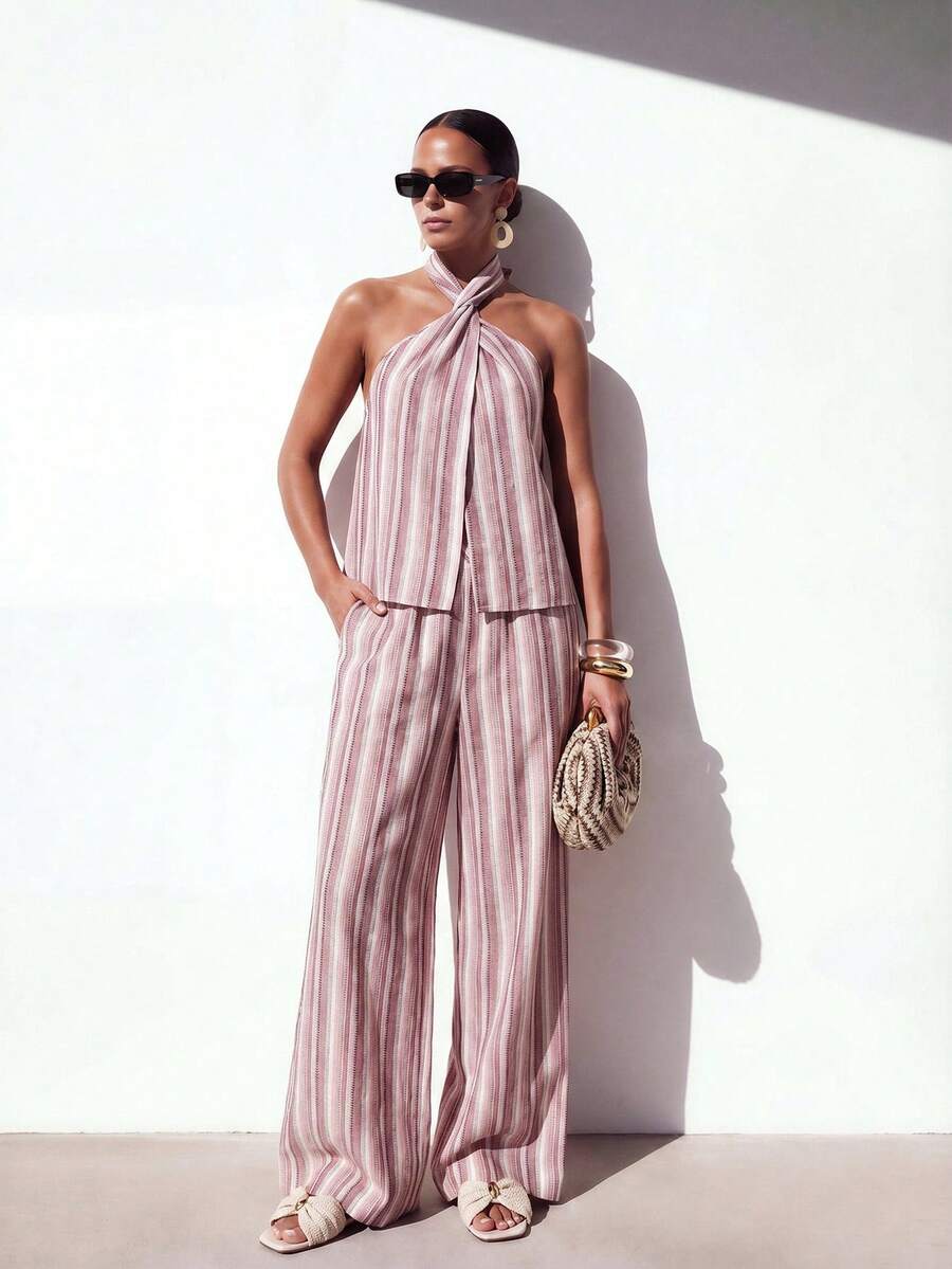 Zivah 2026 Pink And White Striped Cotton Linen Two Pieces Set,Summer Casual Holiday Vacation Elegant Halter Top And Wide Leg Pants Bohemian Beachwear