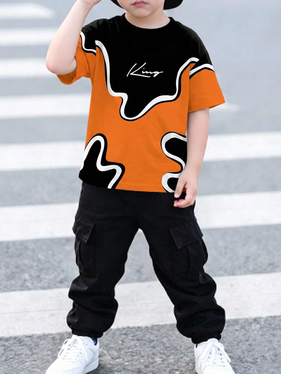 Young Boy Geometric Cube Print Design With King Slogan, Fashion Round Neck Short Sleeve T-Shirt And Cargo Pants Set, Suitable For Festivals, Parties, Comfortable And Casual For Spring/Summer - Multicolor - View 1