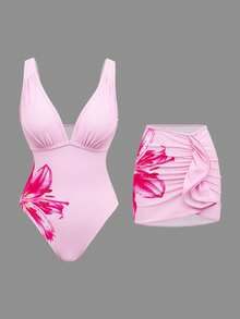 Swim Oasis Women's Floral Print Swimsuit With Ruffled Cover Up Skirt 2-Piece Set - Multicolor - View 1