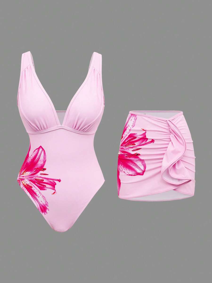 Swim Oasis Women's Floral Print Swimsuit With Ruffled Cover Up Skirt 2-Piece Set - Multicolor - View 1