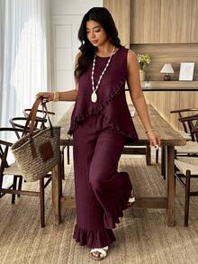 Weeklong Women's Plus Size Ruffle Trim Round Neck Sleeveless Loose Top And Straight Leg Pants 2 Piece Set, Suitable For Vacation And Daily Wear, Spring/Summer - Burgundy - View 4