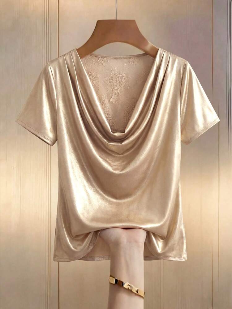 Middle-Aged & Elderly Women's Lace Patchwork Draped Elegant Short Sleeve Blouse,Summer Blouse,Festival Outfit Women,Going Out Tops,Elegant Tops For Women,Summer Outfit For Women,Festival Outfits For Women,Junina Party Tops,Elegant Women's Blouses , Sequin Top,Brown Top