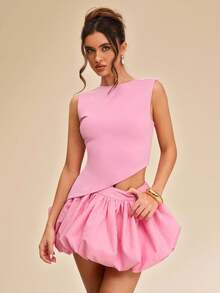 SHEIN BAE Bộ đồ 2 mảnh mùa xuân hè màu trơn không tay hở lưng gợi cảm gồm áo crop top và chân váy phồng, trang phục màu hồng quyến rũ phù hợp cho tiệc cưới, tiệc cocktail, kỳ nghỉ biển, sinh nhật, lễ tốt nghiệp, váy trắng tinh khôi thanh lịch, váy tối giản duyên dáng, váy sang trọng, trang phục đi nghỉ mát và hẹn hò. - Hồng - Xem 3