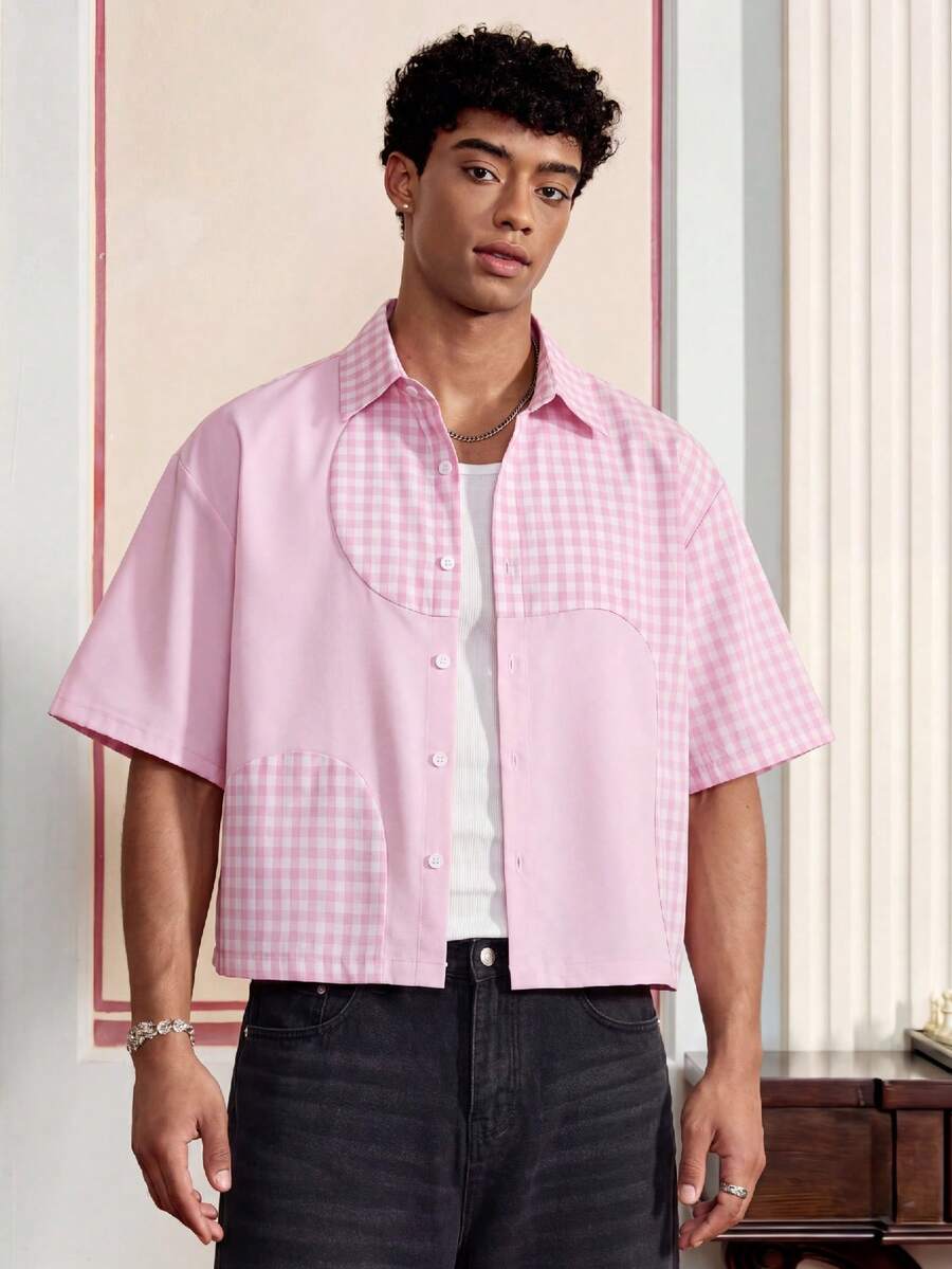 SWAVVY Camisa casual de manga corta con botones delanteros y estampado de cuadros para hombres - Rosa - Ver 1