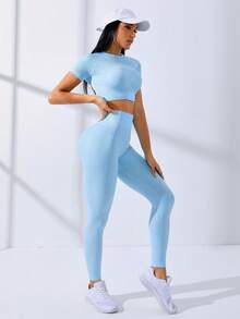 Sweetra Bộ đồ tập luyện áo thun crop top co giãn cao liền mạch và quần legging cho nữ Bộ đồ tập gym cho nữ - Màu xanh nhạt - Xem 4