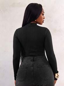 Radiana Plus Size Women Comfortable Casual Long Sleeve Zip-Up Bodysuit For Autumn/Winter Black - Black - View 2