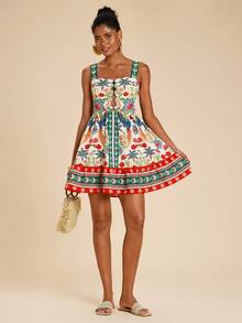 Travachic Women's Summer Vacation Plant Print Spaghetti Strap Short Dress - Multicolor - View 4