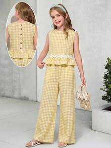 SHEIN Conjunto de top sin mangas a rayas y pantalones rectos informales para vacaciones de niña preadolescente - Amarillo - Ver 5