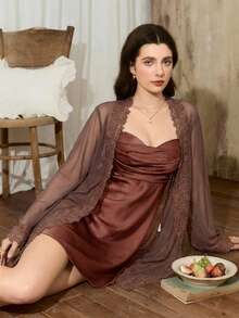 Côtesoire Women's Redwood Gorgeous Luxury Short Robe Set With Long Sleeve Sheer Mesh And Spaghetti Strap Plain Design Lingerie Robe Set Silk ,2piece Dress - Redwood - View 5