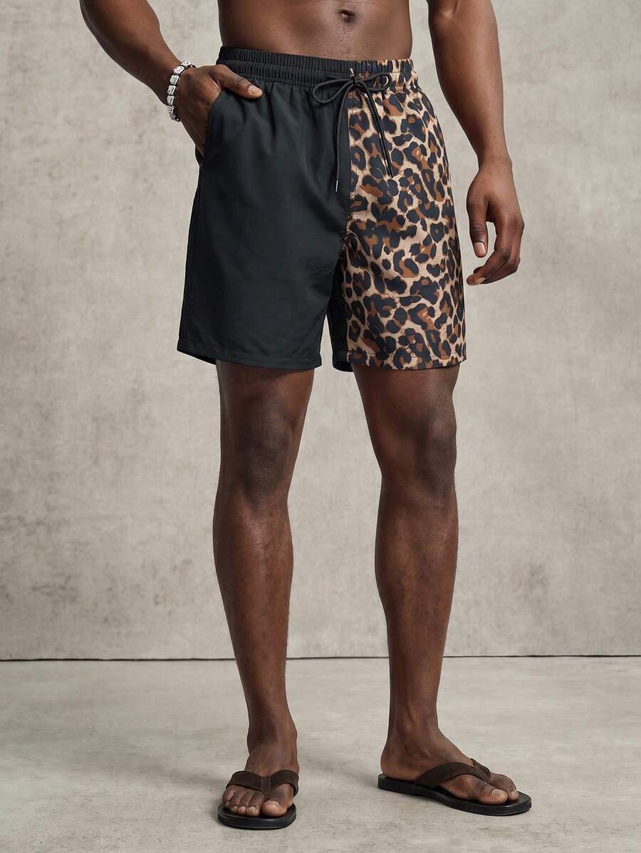 PAVTROS Men's Leopard Print Patch Pocket Drawstring Waist Beach Shorts, Suitable For Summer Men Swim Wear - Multicolor - View 1