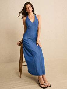 Poéselle Women's V-Neck Backless Denim Dress Vacation Light Blue Autumn Casual - Medium Wash - View 6