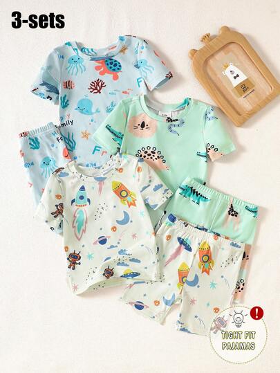 6pcs Baby Boy Casual Soft Snug Fit Short Sleeve Shorts Pajama Set, Featuring Cute Animal, Universe, Ocean Life Cartoon Prints, Comfortable Summer Loungewear