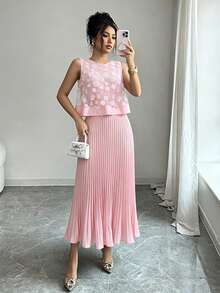 Selianne Fashionable Elegant Sexy 3D Floral Pleated Round Neck Sleeveless 2 In 1 Dress For Women Golf Pastal Summer - Pink - View 6