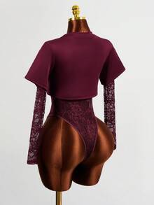 BamGleam Women's Long Sleeve Lace Bodysuit,Burgundy,Autumn,Seksi Chic,Night Club Summer Beach Vacation Outfits,Holiday Dresses Clothes For Women - Burgundy - View 2