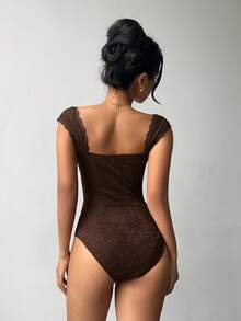 Aloruh Body de unicolor con escote de corazón, parche de encaje y sin mangas, sexy - Café integral - Ver 2