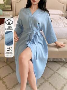 DAZY 女士卡通小狗印花长袖休闲睡袍 - 藍色 - 查看 6