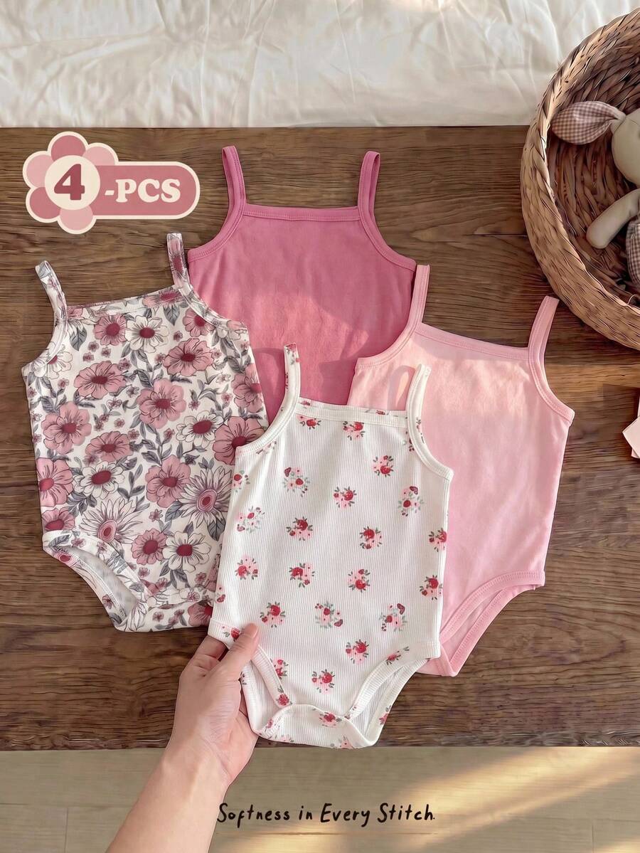 Bộ áo liền quần 4 món cho bé gái, chất liệu dệt kim mềm mại, in họa tiết hoa. - Hồng - Xem 1