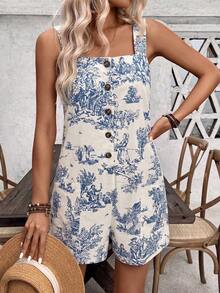 Balvessa Bộ áo liền quần nữ kiểu retro màu xanh trắng in họa tiết sứ, chất liệu cotton và lanh, cổ vuông, cài cúc đơn, hai túi, kiểu dáng thường ngày, không tay, ống rộng, in họa tiết xanh trắng, thích hợp cho kỳ nghỉ biển, đi làm, hẹn hò, mùa tựu trường và tốt nghiệp. - Nhiều màu - Xem 4