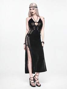 ROMWE Goth 夏季海滩装扮 暗黑哥特风度假高开衩镂空修身针织连衣裙 - 黑色 - 查看 5