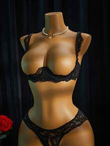 Elorette Women's Sexy Lace Underwire Bra And Thong Set - Black - View 6