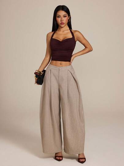 SHEIN PETITE Women's Spring/Summer Vintage Casual Hippie Street Office Wear Casual Western Wear Chic Striped Comfortable Baggy Curved Hem Pants Pleated Pants