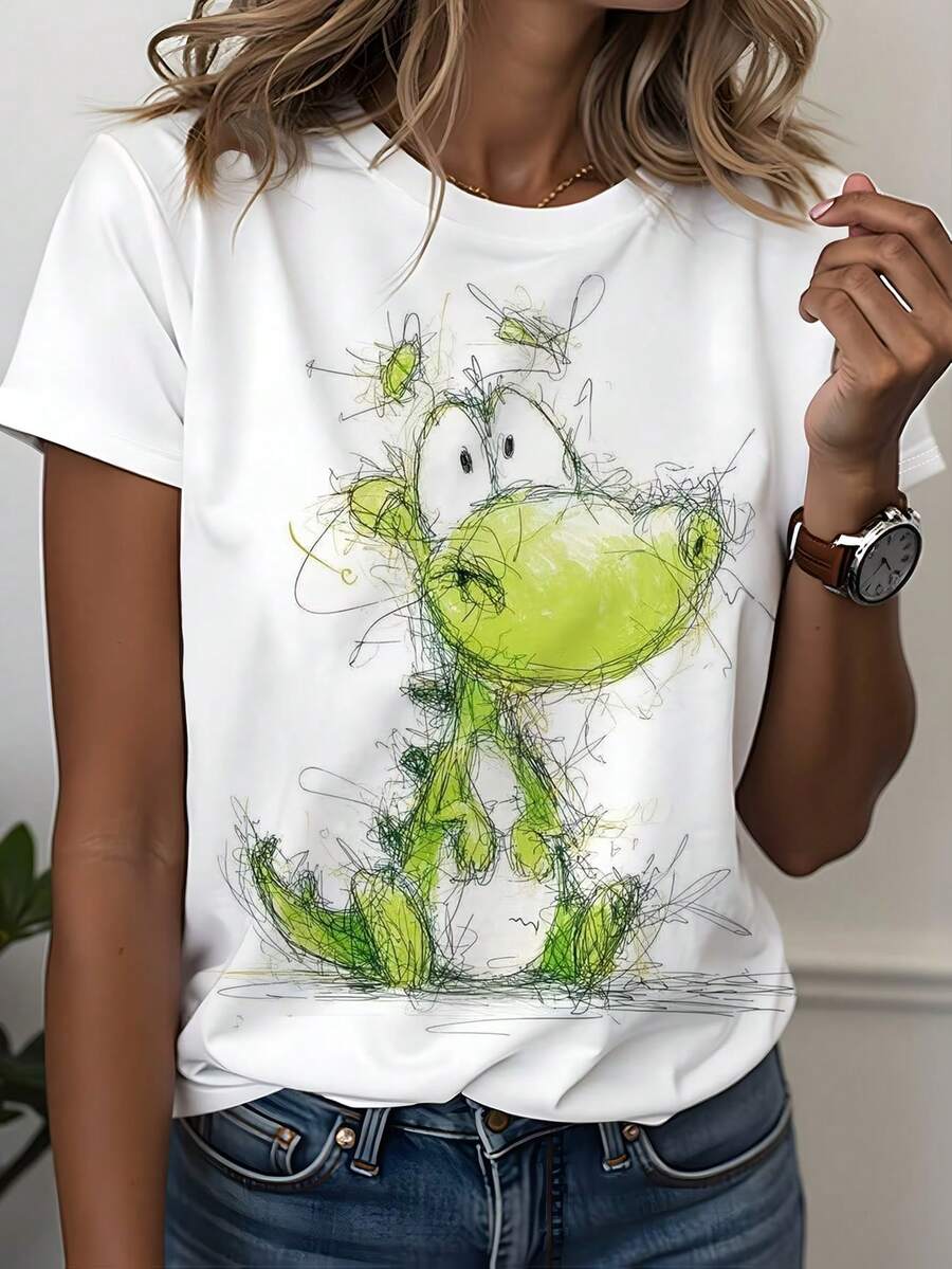 EMERY ROSE Women's Casual Cartoon Print Short Sleeve T-Shirt, Suitable For Summer Holiday, Daily Commute - Multicolor - View 1