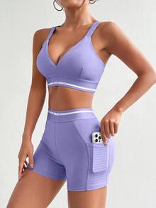 Breezaya Women's Letter Print Short Sleeve T-Shirt, Bra And Shorts Casual Sportwear Set, Versatile Athletic Set Workout Women Sets - Multicolor - View 6