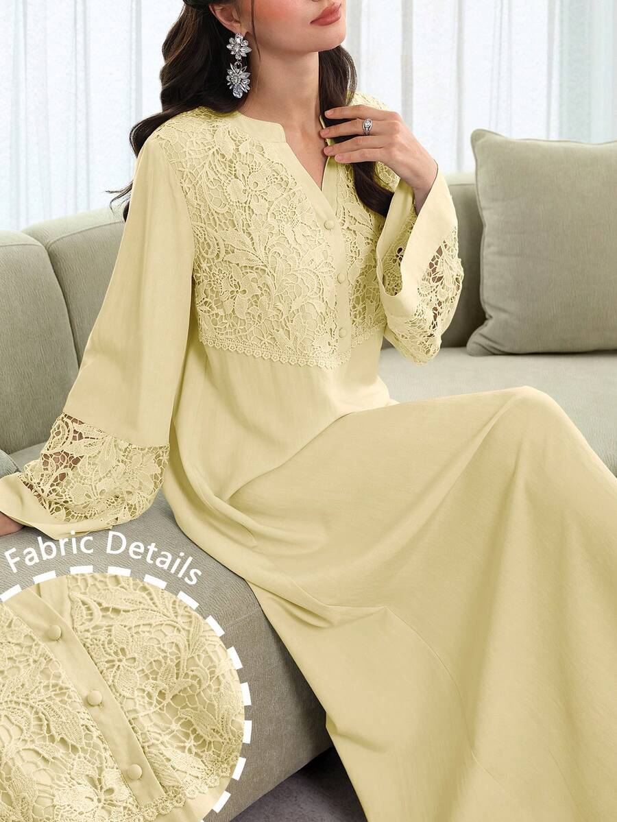 Al Najma V-Neck Flare Sleeve Patchwork Embroidered Floral Trim Robe, Spring/Summer - Yellow - View 1