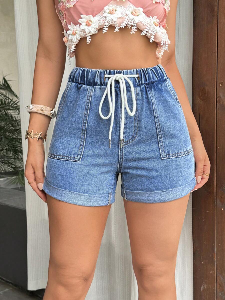 SHEIN Tall Women's Drawstring Waist Casual Versatile Daily Wear Denim Shorts - Blue - View 1