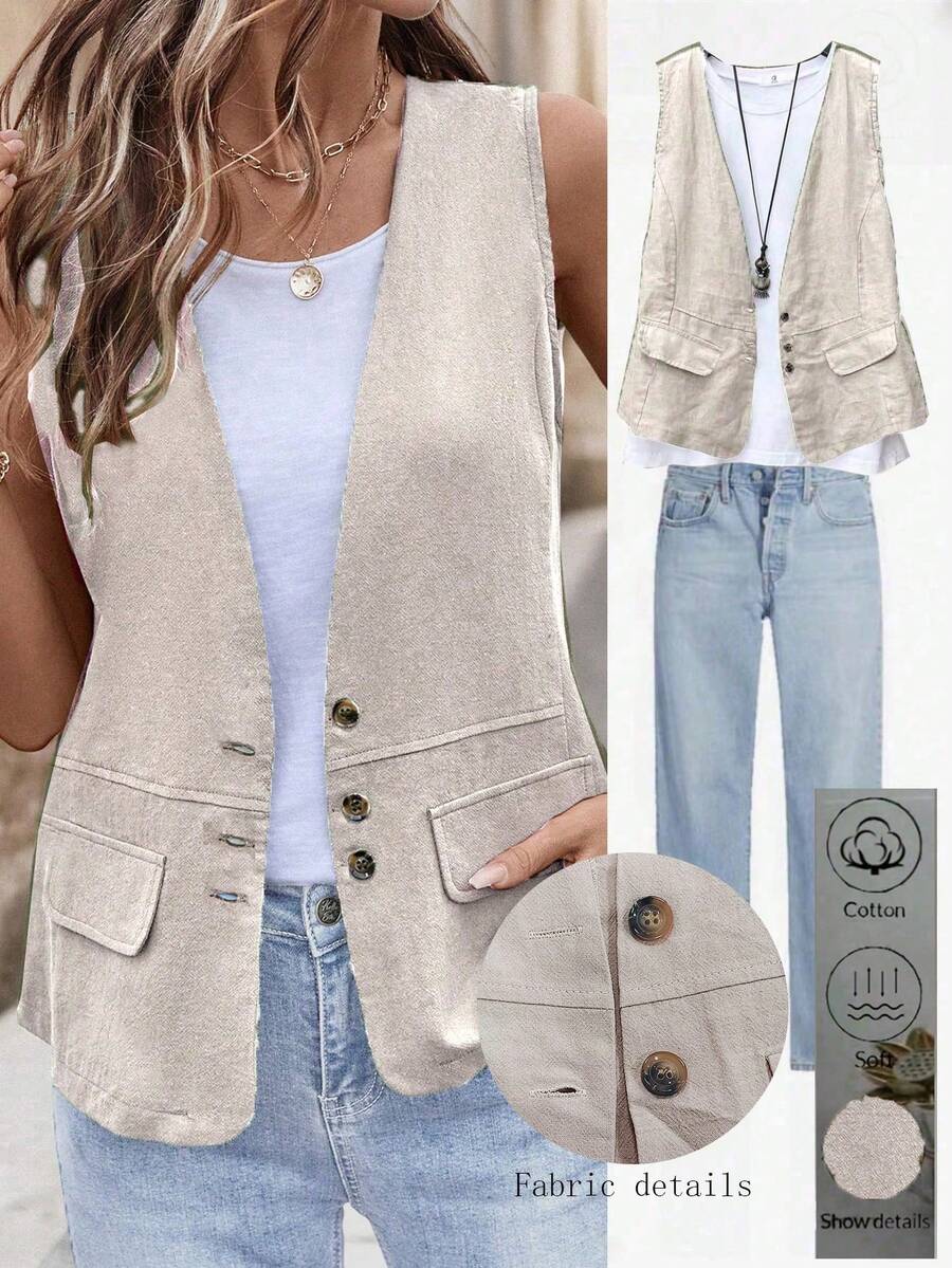 EMERY ROSE Women's  Drawstring Pocket Decorated Vest Jacket - Apricot - View 1
