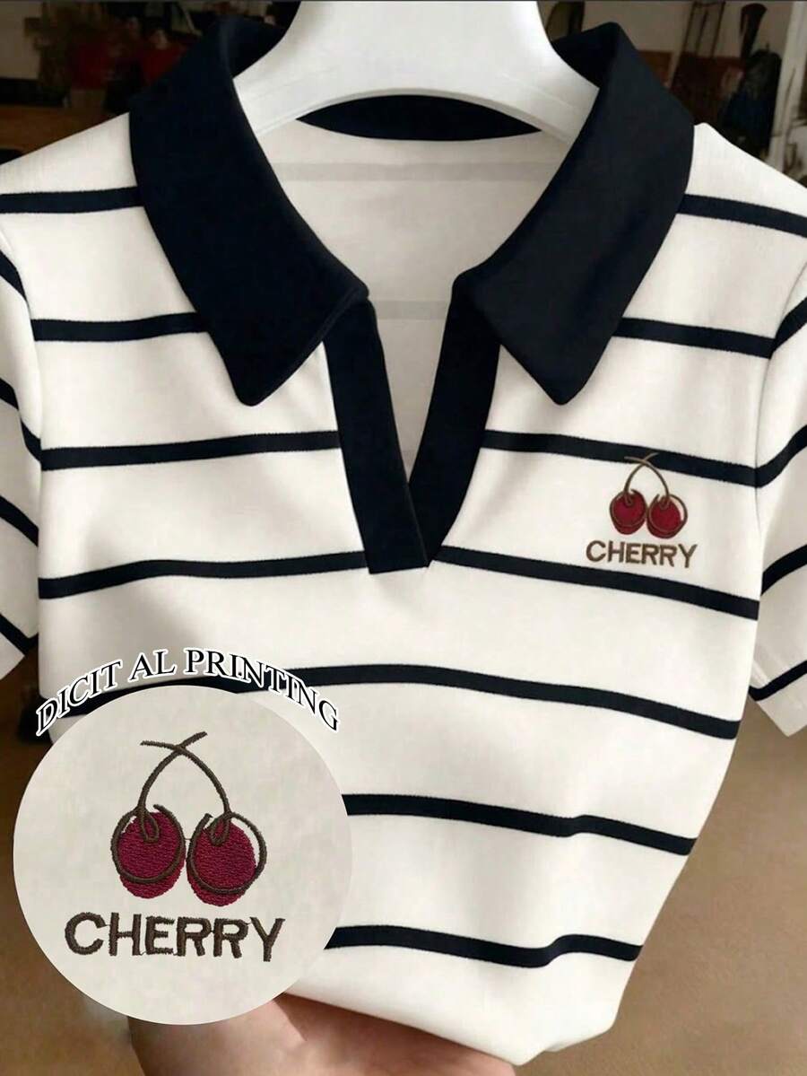 Teen GirlAllover Print Polo Shirt, Contrast Striped Cherry Print Short Sleeve Casual Slim Fit Tops, Retro Classic Comfortable Versatile For Spring, Summer, Autumn, Winter - Multicolor - View 1
