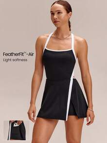 GLOWMODE FeatherFit™-Air MatchGlow撞色饰边侧开衩露背网球高尔夫连衣裙，内置短裤口袋，轻度支撑泡沫罩杯，适合夏季日常穿着。 - 黑色 - 查看 1