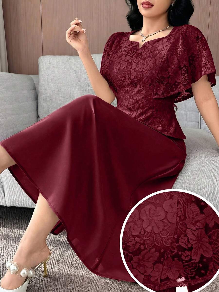 Feyla 女士优雅提花腰部上衣和半裙两件套,夏季 - 酒紅色 - 查看 1