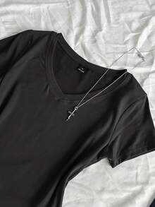 SHEIN EZwear 3件装女士夏季V领紧身T恤，朋克亚文化动漫纯色基础款V领短袖修身T恤 - 彩色 - 查看 5