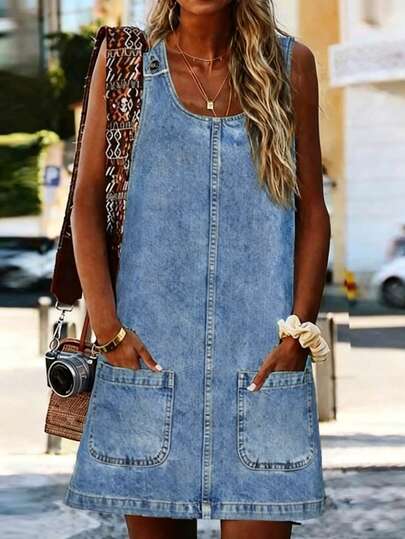 Zayélia Đầm ngắn không tay hiệu ứng denim dành cho nữ, thích hợp cho kỳ nghỉ hè.