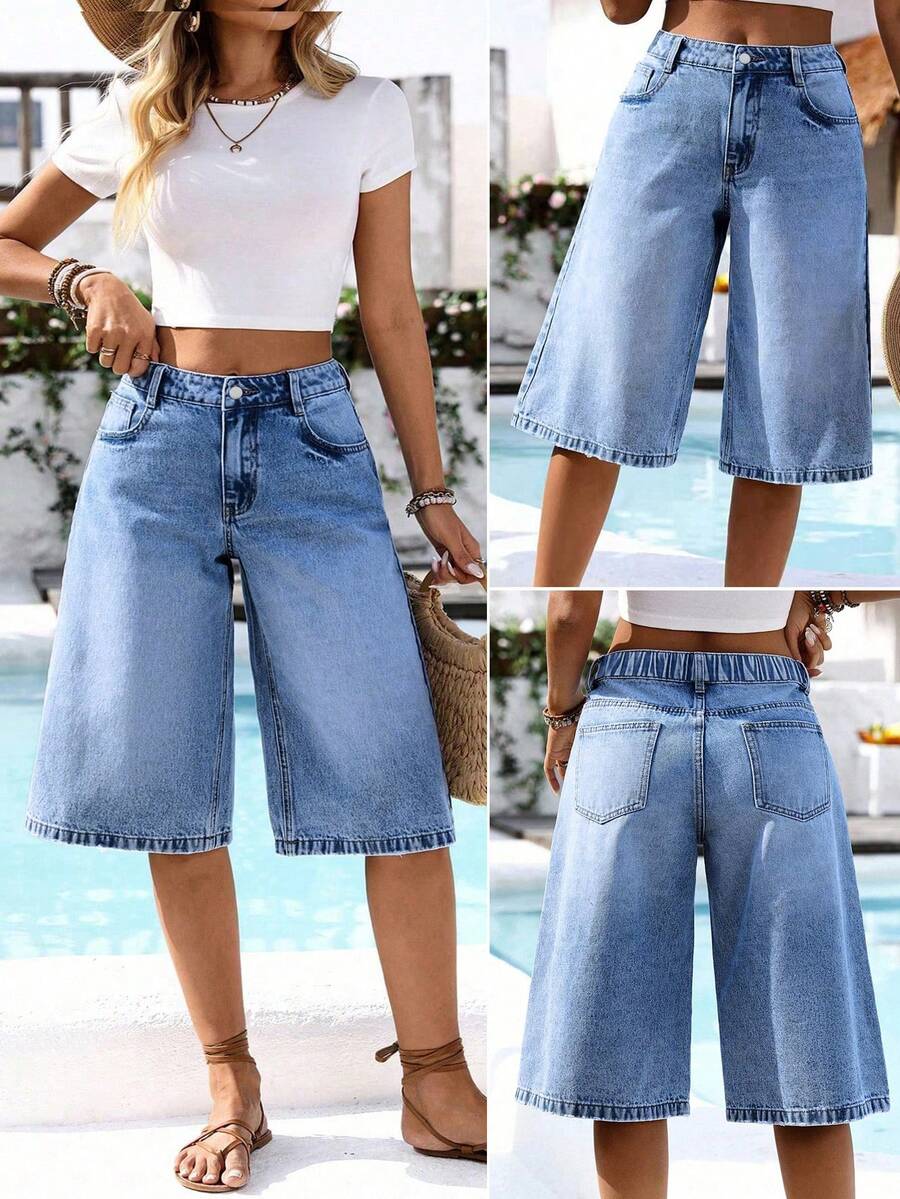 EMERY ROSE Plus Size Women Casual Everyday Commute Versatile Washed Bermuda Denim Shorts - Light Wash - View 1