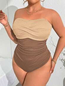 SHEIN Swim Curve 大码女士纯色吊带连体休闲泳衣，度假时尚 - 咖啡棕 - 查看 3