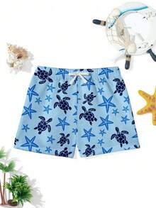 Tween Boy Navy Blue Summer Casual Beach Shorts,Turtle & Starfish Graphic Print,Loose Fit,Cool Style,Classic Color Blocking,Vacation Holiday Swimming - Multicolor - View 2
