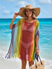 Sylviya Women's Blue And Yellow Striped Knit Beach Cover-Up Top,Summer Boho Vacation Holiday Outfits,Casual Bright Color Blouses For Country Concert Outfit - Multicolor - View 4