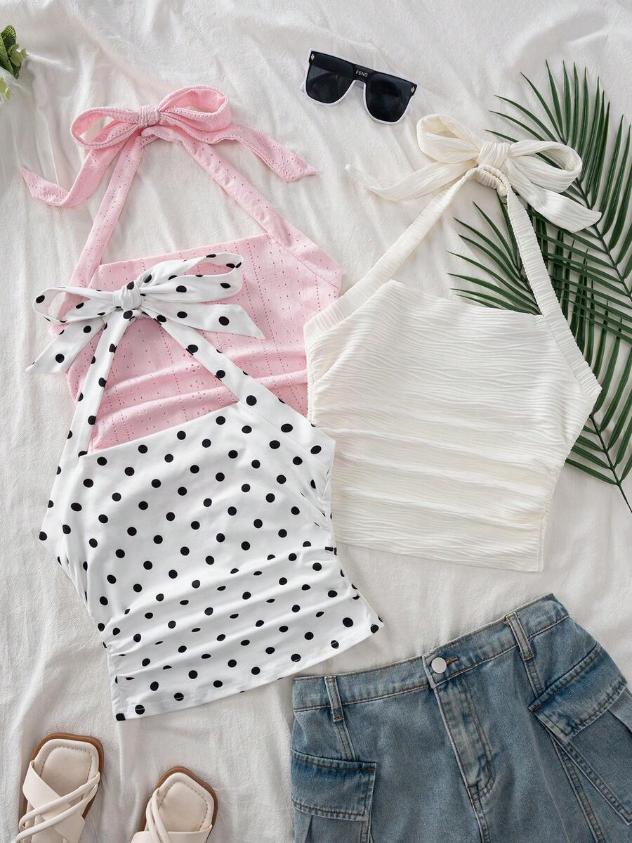 SHEIN Tank Top Crop Berkerut dengan Tali Bahu Tipis Motif Polkadot Hitam untuk Anak Perempuan Remaja, Camisole Bergaris Bernapas yang Lucu untuk Liburan Musim Panas, Warna Pink - MultiWarna - View 1