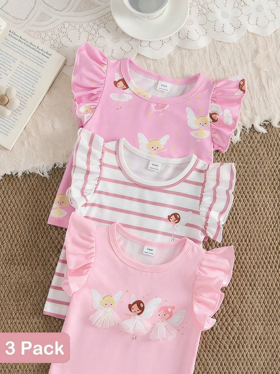 SHEIN 3pcs/Set Colorful Heart Striped Print Ruffle Hem Round Neck T-Shirt, Soft & Comfortable Casual Cute Spring/Summer New Arrival - Pink - View 1