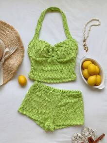 Comfortcana Solid Color Backless Halter Top And Super Short Shorts Set, Spring/Summer Golf White Sexy - Green - View 5