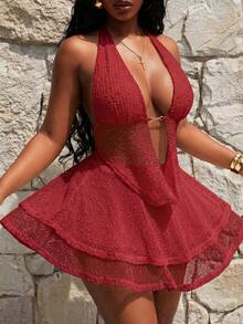 SHEIN SXY Plus Size Draped Neck Backless Top And Skirt 2 Pieces Set, Red Beach Vacation Summer Sexy - Burgundy - View 9