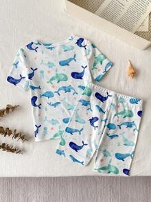 Bộ đồ ngủ ngắn tay và quần short in hình cá voi hoạt hình, ôm sát, dành cho bé trai, chất liệu thoáng khí và mềm mại, thoải mái cho mùa hè. - Màu xanh lam - Xem 2