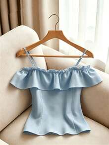 SHEIN LUNE CURVE Elegant Ruffled Off-Shoulder Blouse For Plus Size Women - Blue - View 2