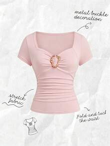 Franclia Women's Spring/Summer New Apricot Cinched Waist Raglan Sleeve Wide Collar Metal Buckle Decor Casual Outgoing Commute Vacation Date Top Tee - Baby Pink - View 3