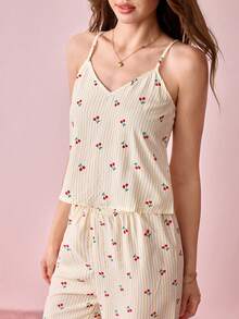 Bonmuse Bộ đồ ngủ nữ gồm áo hai dây và quần dài in hình quả anh đào, họa tiết sọc nhăn, kiểu bong bóng. - Màu vàng - Xem 9